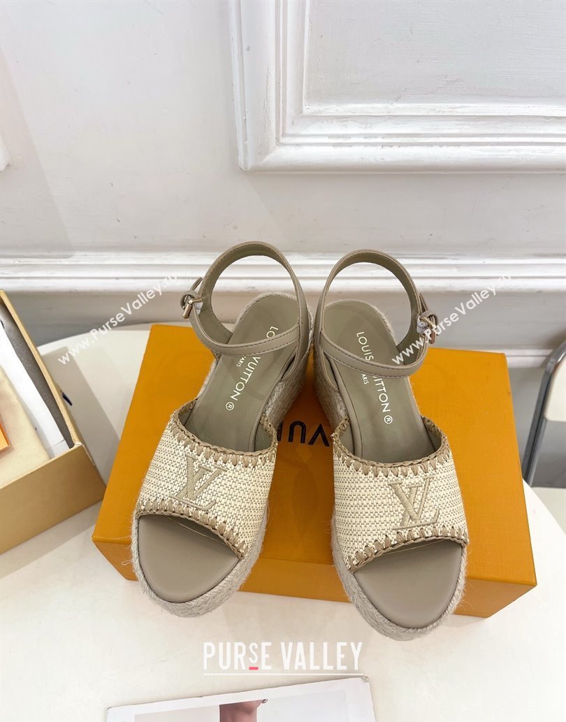 Louis Vuitton Starboard Wedge Platform Sandals 8cm in LV Raffia and Leather Grey 2025 (MD-250609019)