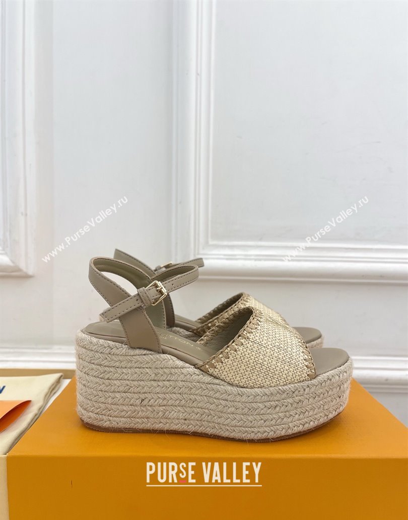 Louis Vuitton Starboard Wedge Platform Sandals 8cm in LV Raffia and Leather Grey 2025 (MD-250609019)