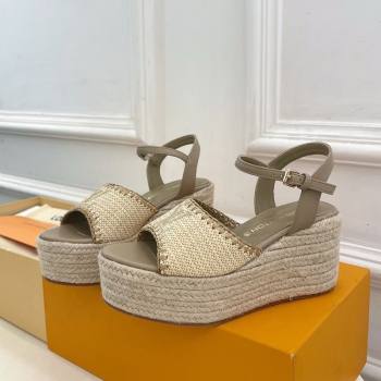 Louis Vuitton Starboard Wedge Platform Sandals 8cm in LV Raffia and Leather Grey 2025 (MD-250609019)
