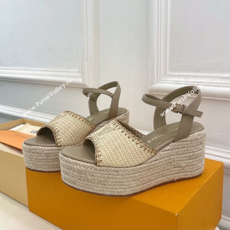 Louis Vuitton Starboard Wedge Platform Sandals 8cm in LV Raffia and Leather Grey 2025 (MD-250609019)