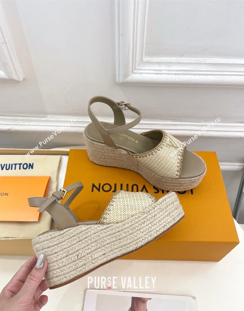 Louis Vuitton Starboard Wedge Platform Sandals 8cm in LV Raffia and Leather Grey 2025 (MD-250609019)