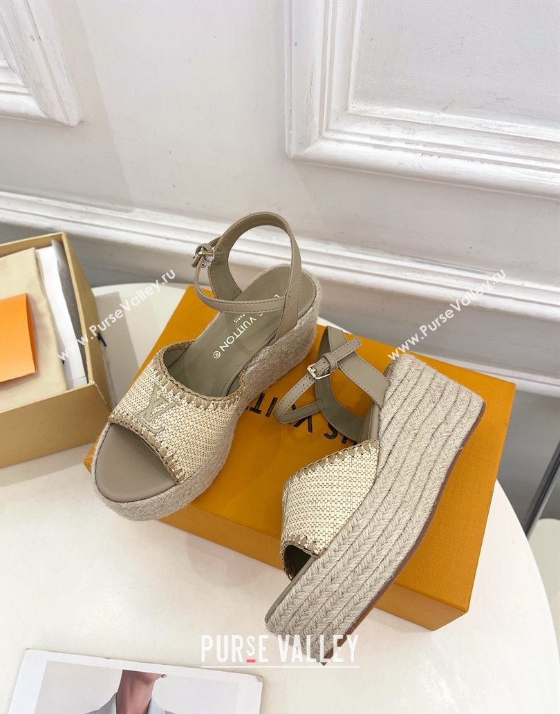 Louis Vuitton Starboard Wedge Platform Sandals 8cm in LV Raffia and Leather Grey 2025 (MD-250609019)