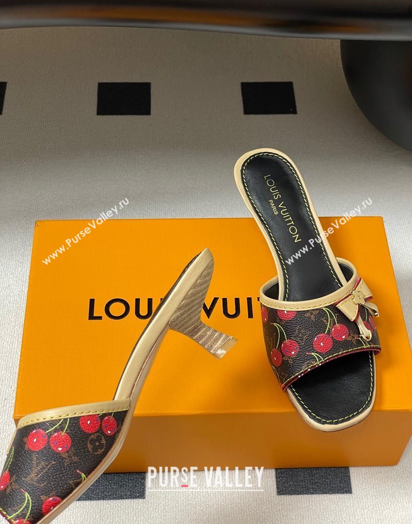 Louis Vuitton LV x TM Heel Slides Sandal 3cm in Leather with Luscious Cherry with Bow Black 2025 (MD-250607018)