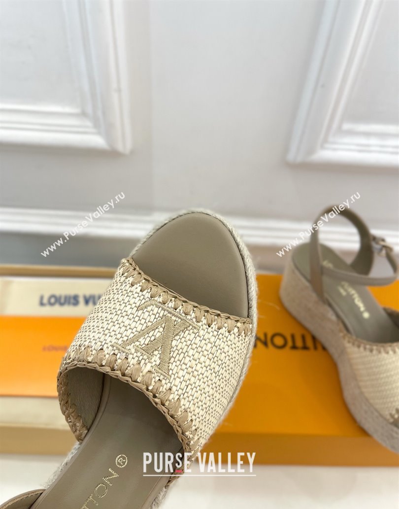 Louis Vuitton Starboard Wedge Platform Sandals 8cm in LV Raffia and Leather Grey 2025 (MD-250609019)