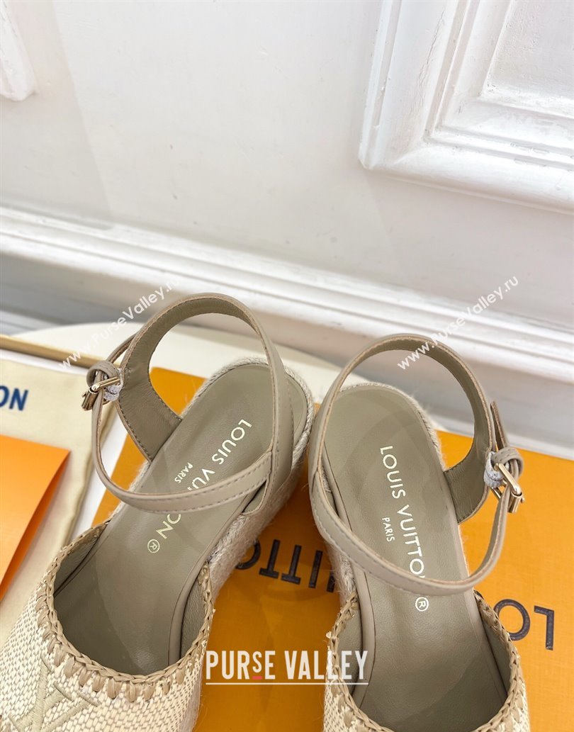 Louis Vuitton Starboard Wedge Platform Sandals 8cm in LV Raffia and Leather Grey 2025 (MD-250609019)