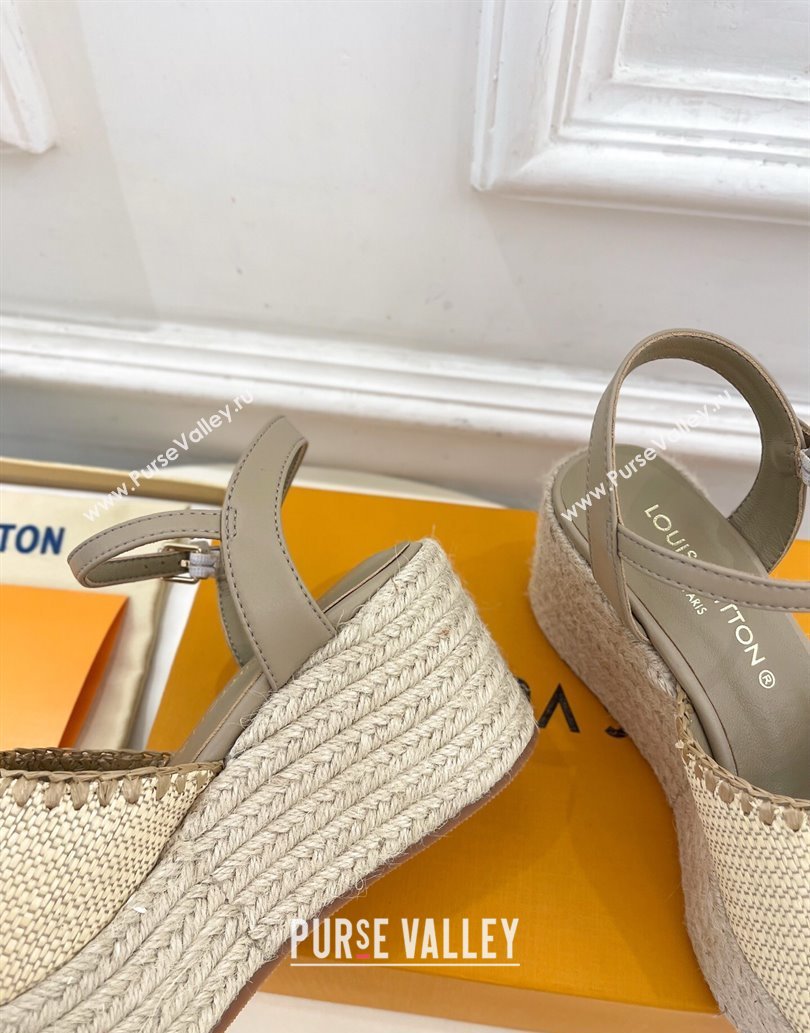 Louis Vuitton Starboard Wedge Platform Sandals 8cm in LV Raffia and Leather Grey 2025 (MD-250609019)