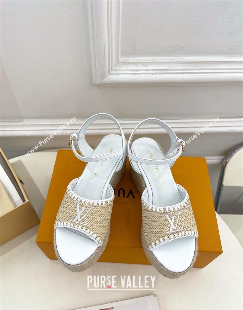 Louis Vuitton Starboard Wedge Platform Sandals 8cm in LV Raffia and Leather White 2025 (MD-250609020)