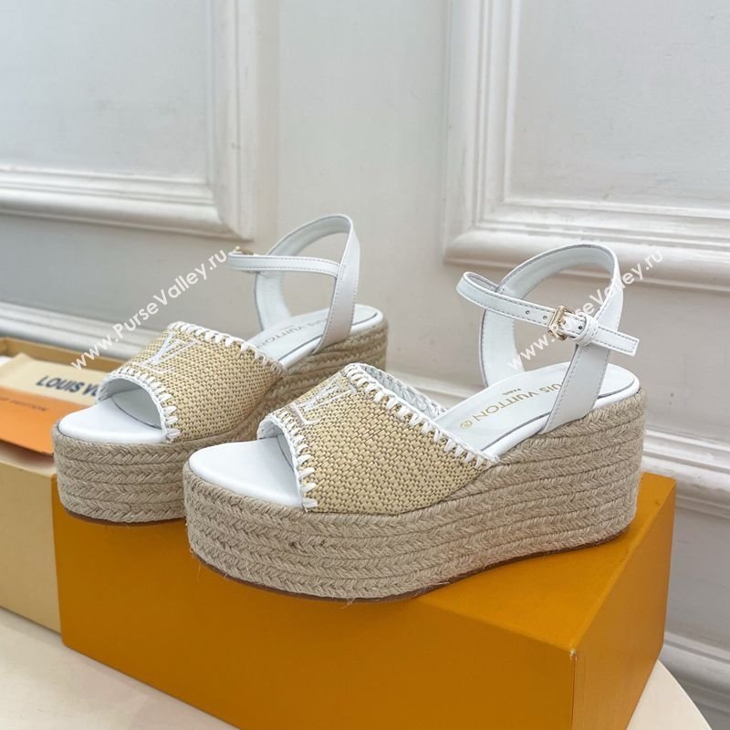 Louis Vuitton Starboard Wedge Platform Sandals 8cm in LV Raffia and Leather White 2025 (MD-250609020)