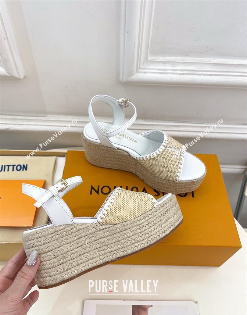 Louis Vuitton Starboard Wedge Platform Sandals 8cm in LV Raffia and Leather White 2025 (MD-250609020)