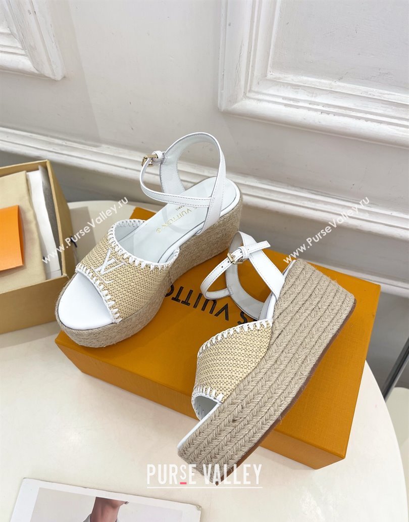 Louis Vuitton Starboard Wedge Platform Sandals 8cm in LV Raffia and Leather White 2025 (MD-250609020)