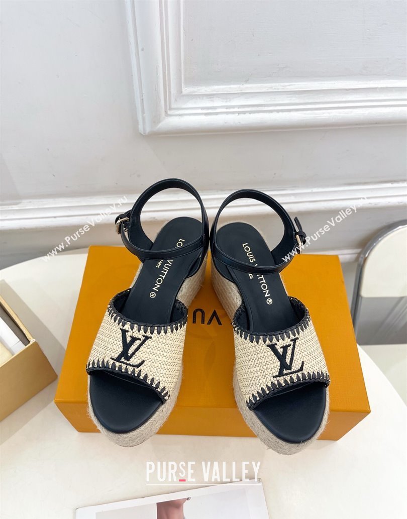 Louis Vuitton Starboard Wedge Platform Sandals 8cm in LV Raffia and Leather Black 2025 (MD-250609021)