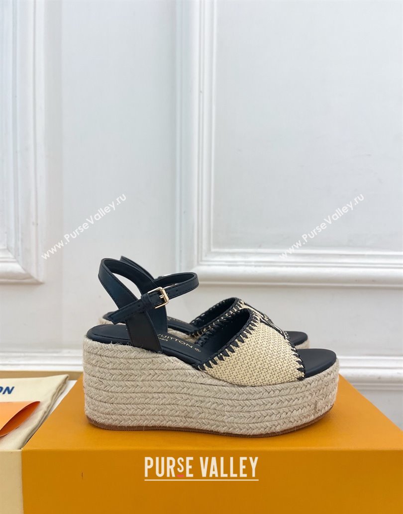 Louis Vuitton Starboard Wedge Platform Sandals 8cm in LV Raffia and Leather Black 2025 (MD-250609021)