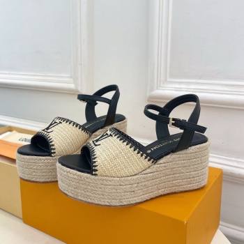 Louis Vuitton Starboard Wedge Platform Sandals 8cm in LV Raffia and Leather Black 2025 (MD-250609021)