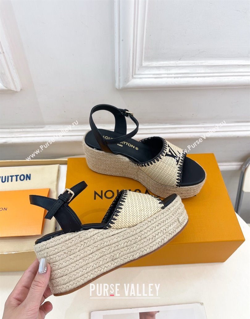 Louis Vuitton Starboard Wedge Platform Sandals 8cm in LV Raffia and Leather Black 2025 (MD-250609021)