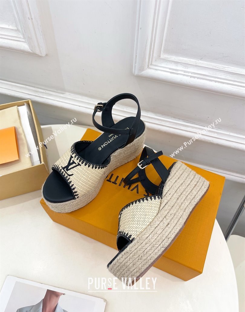 Louis Vuitton Starboard Wedge Platform Sandals 8cm in LV Raffia and Leather Black 2025 (MD-250609021)