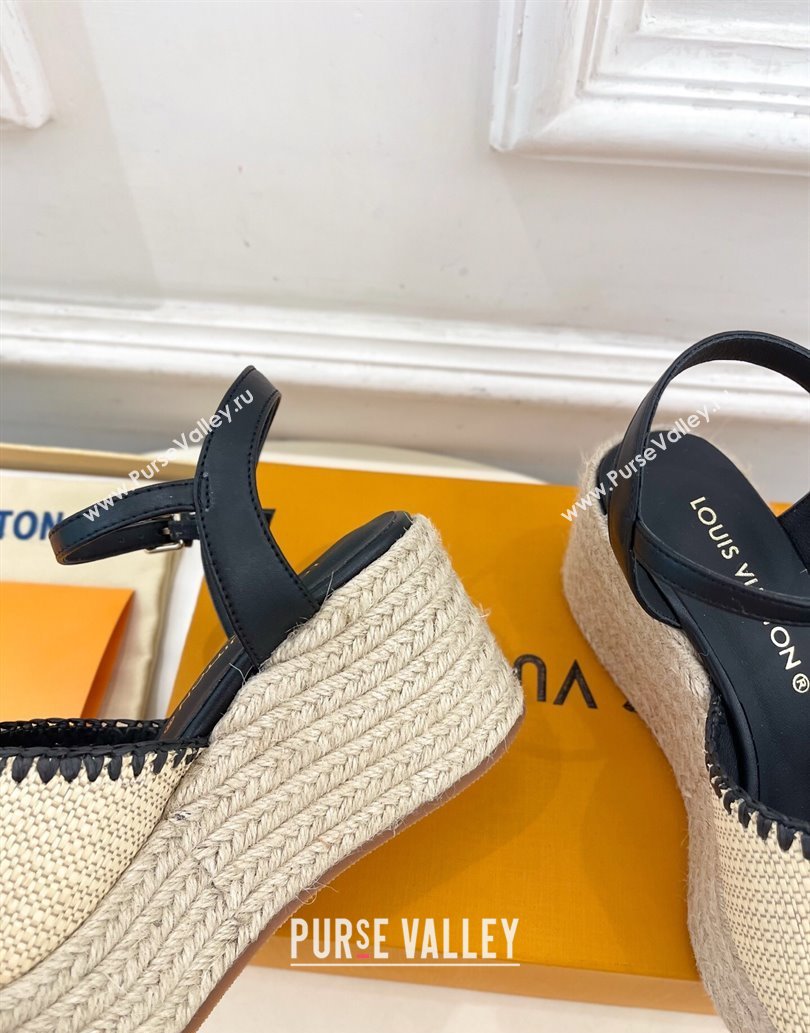 Louis Vuitton Starboard Wedge Platform Sandals 8cm in LV Raffia and Leather Black 2025 (MD-250609021)