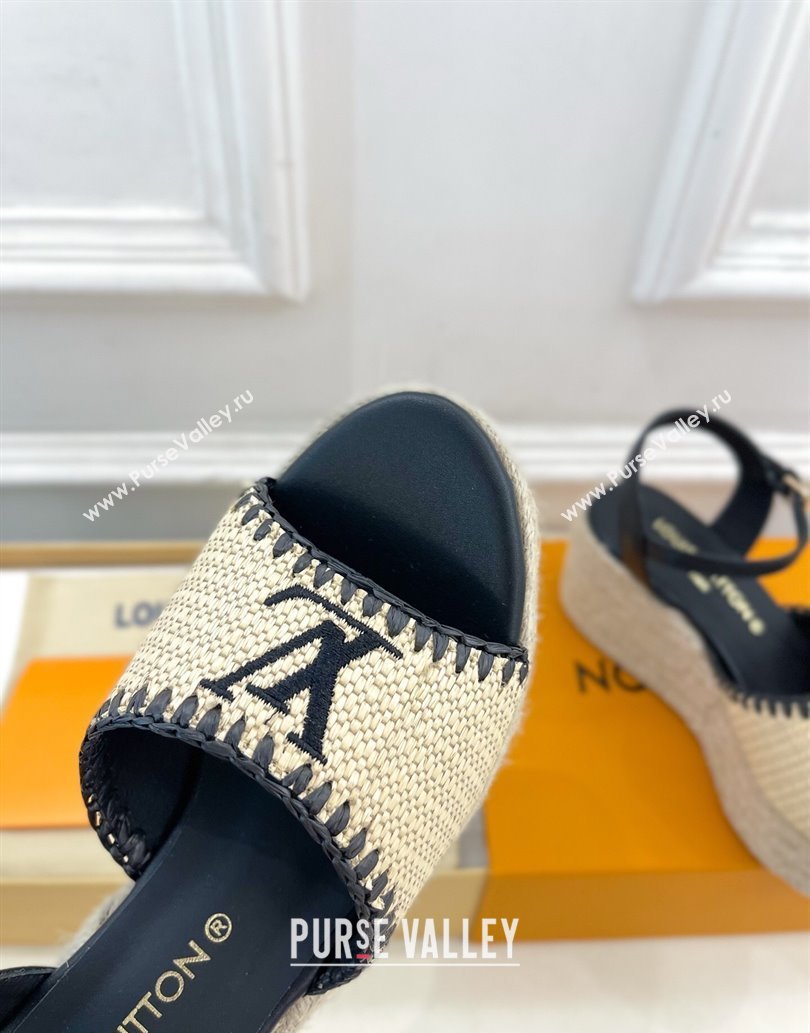 Louis Vuitton Starboard Wedge Platform Sandals 8cm in LV Raffia and Leather Black 2025 (MD-250609021)