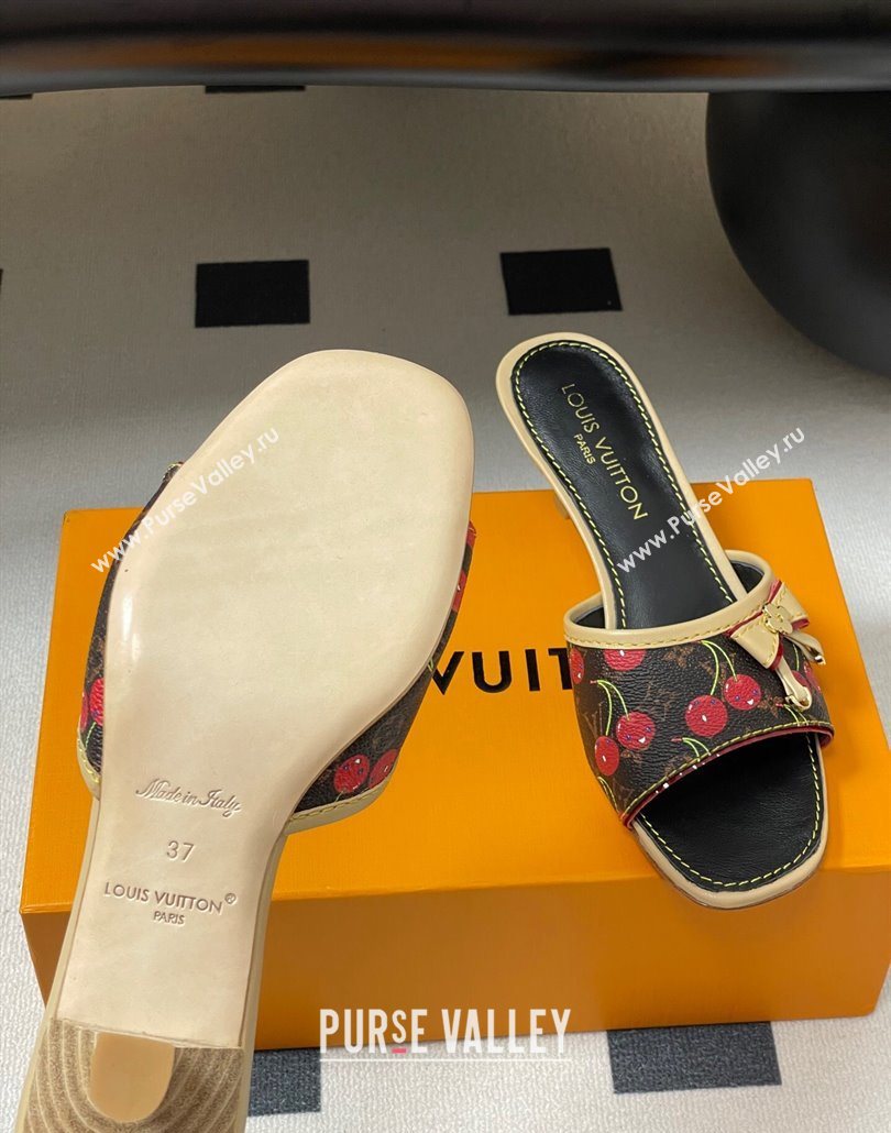 Louis Vuitton LV x TM Heel Slides Sandal 3cm in Leather with Luscious Cherry with Bow Black 2025 (MD-250607018)