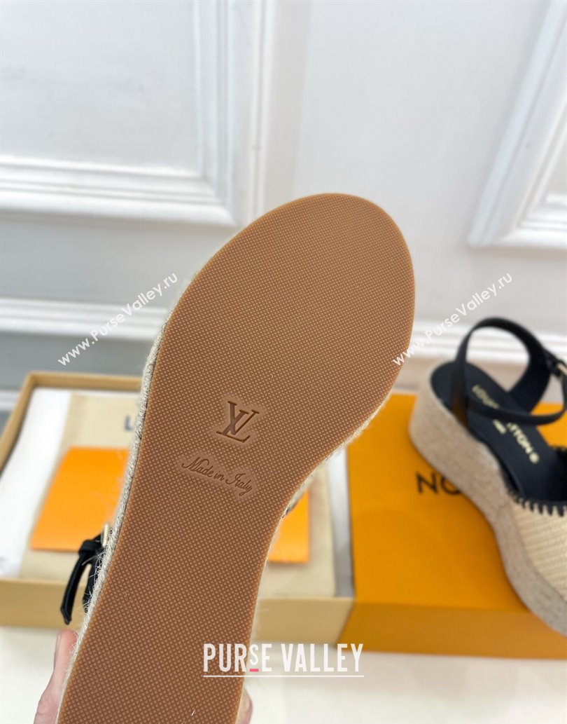 Louis Vuitton Starboard Wedge Platform Sandals 8cm in LV Raffia and Leather Black 2025 (MD-250609021)