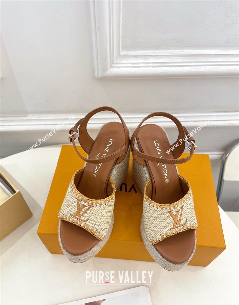Louis Vuitton Starboard Wedge Platform Sandals 12cm in LV Raffia and Leather Brown 2025 (MD-250609022)
