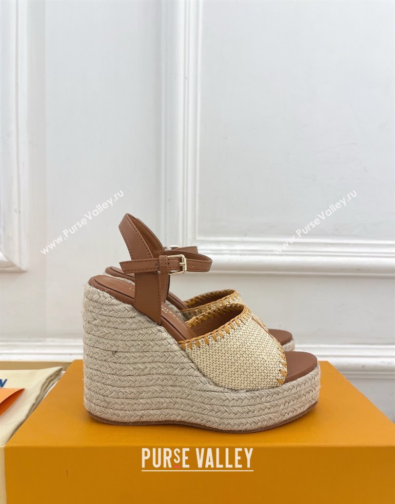 Louis Vuitton Starboard Wedge Platform Sandals 12cm in LV Raffia and Leather Brown 2025 (MD-250609022)