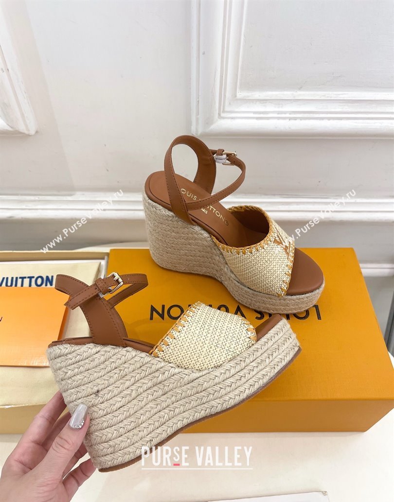 Louis Vuitton Starboard Wedge Platform Sandals 12cm in LV Raffia and Leather Brown 2025 (MD-250609022)