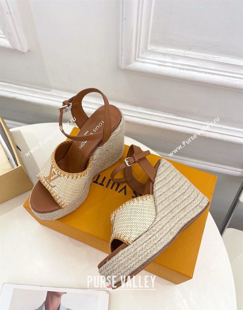 Louis Vuitton Starboard Wedge Platform Sandals 12cm in LV Raffia and Leather Brown 2025 (MD-250609022)