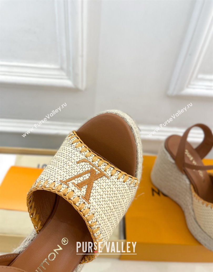 Louis Vuitton Starboard Wedge Platform Sandals 12cm in LV Raffia and Leather Brown 2025 (MD-250609022)