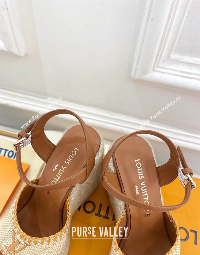 Louis Vuitton Starboard Wedge Platform Sandals 12cm in LV Raffia and Leather Brown 2025 (MD-250609022)