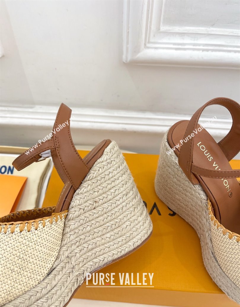 Louis Vuitton Starboard Wedge Platform Sandals 12cm in LV Raffia and Leather Brown 2025 (MD-250609022)