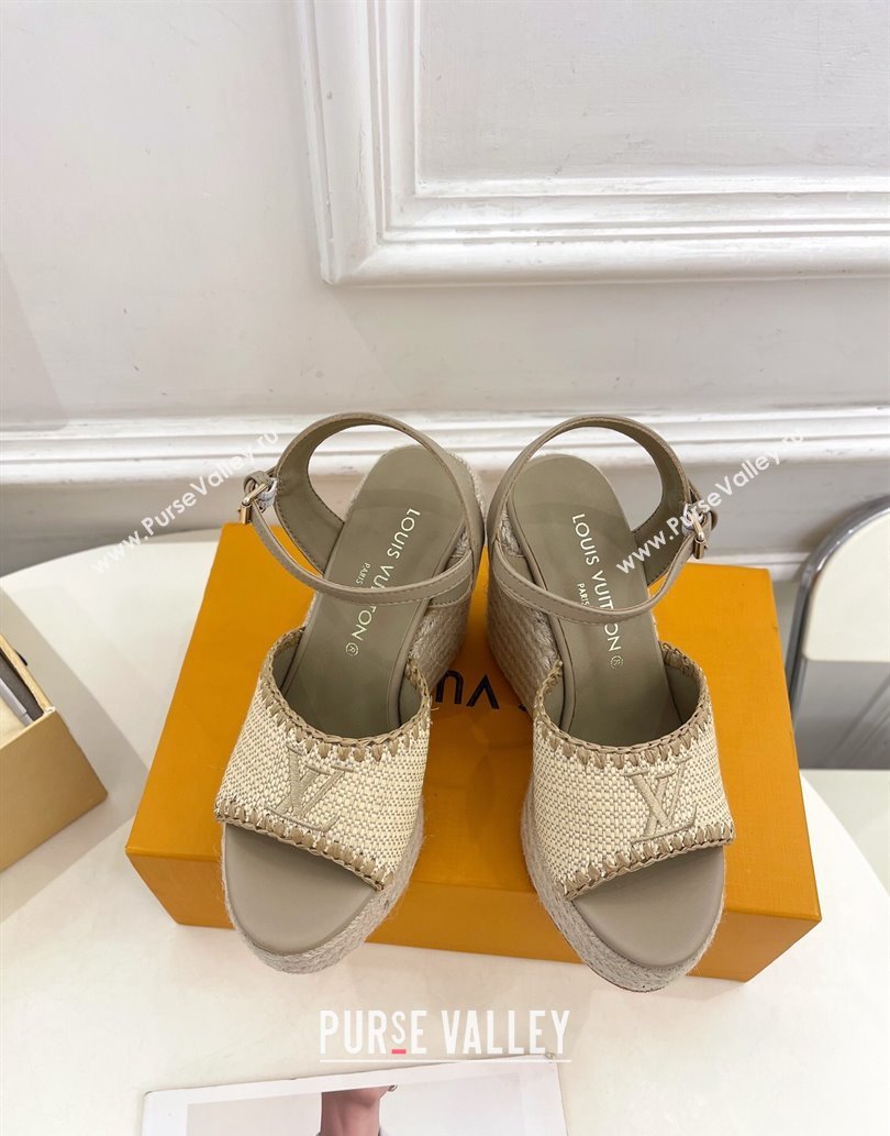 Louis Vuitton Starboard Wedge Platform Sandals 12cm in LV Raffia and Leather Grey 2025 (MD-250609023)