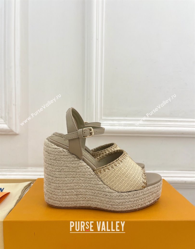 Louis Vuitton Starboard Wedge Platform Sandals 12cm in LV Raffia and Leather Grey 2025 (MD-250609023)
