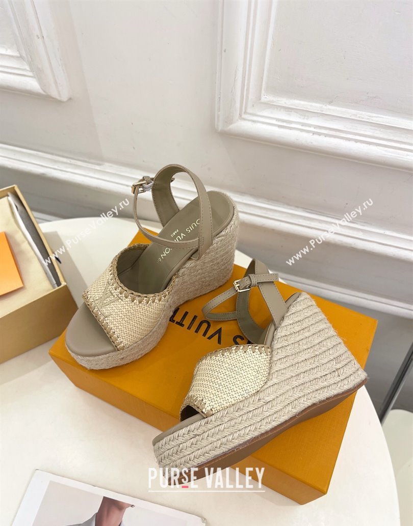 Louis Vuitton Starboard Wedge Platform Sandals 12cm in LV Raffia and Leather Grey 2025 (MD-250609023)
