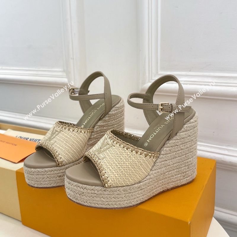 Louis Vuitton Starboard Wedge Platform Sandals 12cm in LV Raffia and Leather Grey 2025 (MD-250609023)