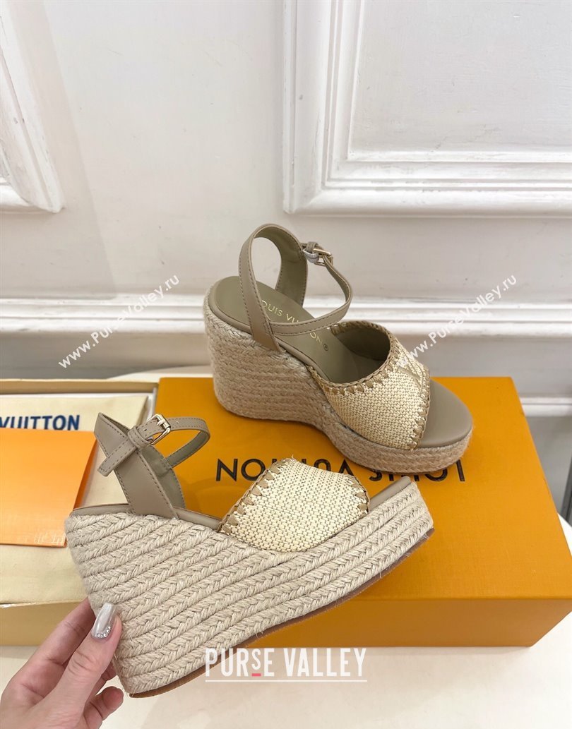 Louis Vuitton Starboard Wedge Platform Sandals 12cm in LV Raffia and Leather Grey 2025 (MD-250609023)