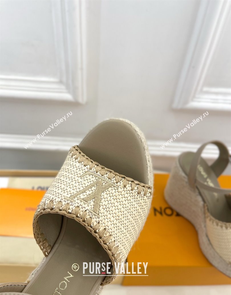 Louis Vuitton Starboard Wedge Platform Sandals 12cm in LV Raffia and Leather Grey 2025 (MD-250609023)
