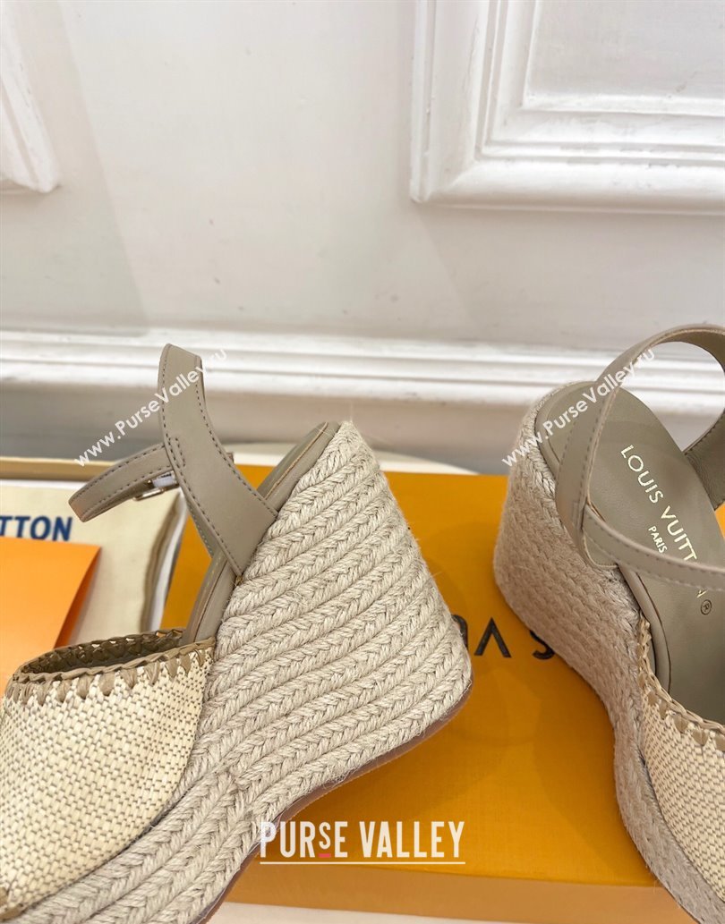 Louis Vuitton Starboard Wedge Platform Sandals 12cm in LV Raffia and Leather Grey 2025 (MD-250609023)