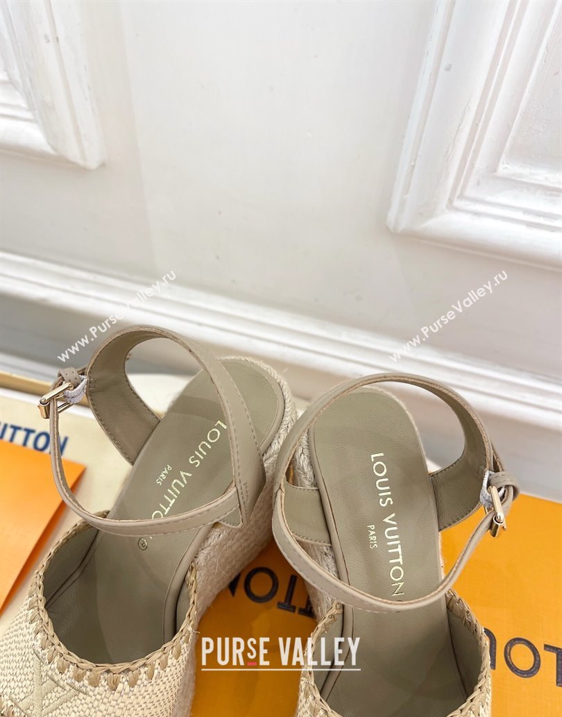 Louis Vuitton Starboard Wedge Platform Sandals 12cm in LV Raffia and Leather Grey 2025 (MD-250609023)