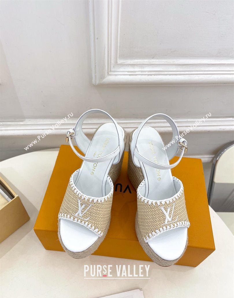 Louis Vuitton Starboard Wedge Platform Sandals 12cm in LV Raffia and Leather White 2025 (MD-250609024)