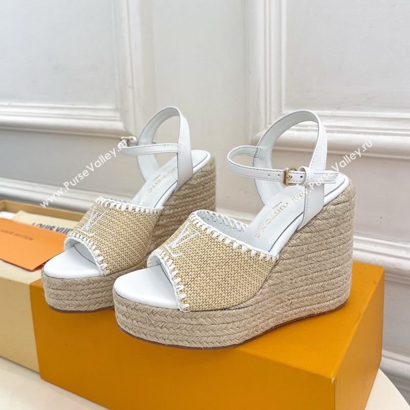 Louis Vuitton Starboard Wedge Platform Sandals 12cm in LV Raffia and Leather White 2025 (MD-250609024)