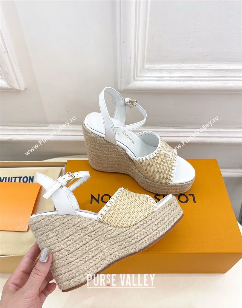 Louis Vuitton Starboard Wedge Platform Sandals 12cm in LV Raffia and Leather White 2025 (MD-250609024)