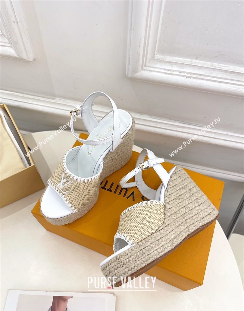 Louis Vuitton Starboard Wedge Platform Sandals 12cm in LV Raffia and Leather White 2025 (MD-250609024)