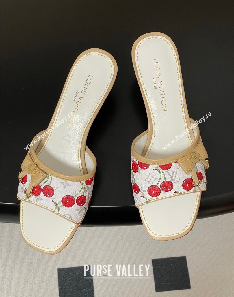 Louis Vuitton LV x TM Heel Slides Sandal 3cm in Leather with Luscious Cherry with Bow White 2025 (MD-250607019)