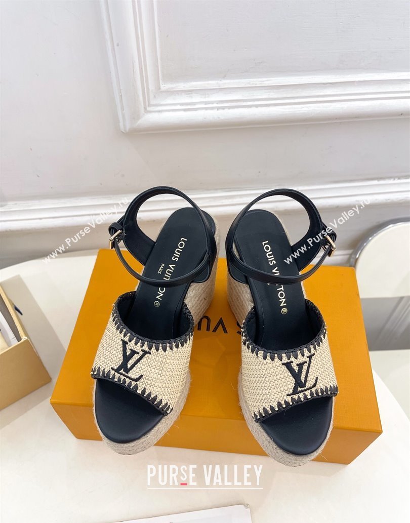 Louis Vuitton Starboard Wedge Platform Sandals 12cm in LV Raffia and Leather Black 2025 (MD-250609025)