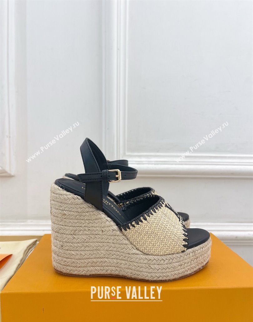 Louis Vuitton Starboard Wedge Platform Sandals 12cm in LV Raffia and Leather Black 2025 (MD-250609025)