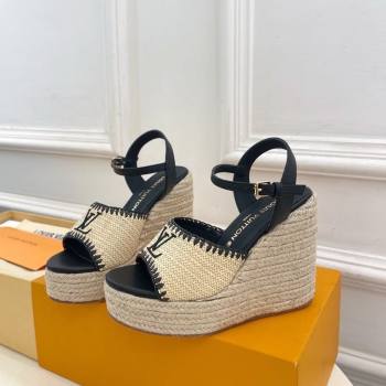 Louis Vuitton Starboard Wedge Platform Sandals 12cm in LV Raffia and Leather Black 2025 (MD-250609025)