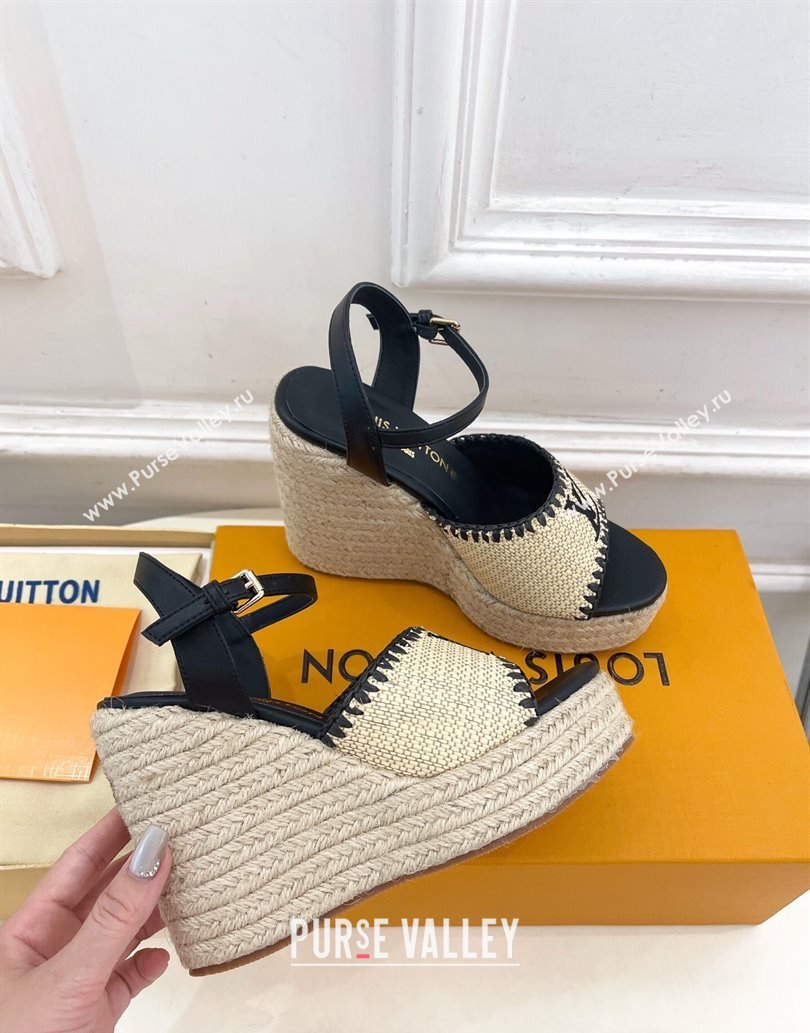 Louis Vuitton Starboard Wedge Platform Sandals 12cm in LV Raffia and Leather Black 2025 (MD-250609025)