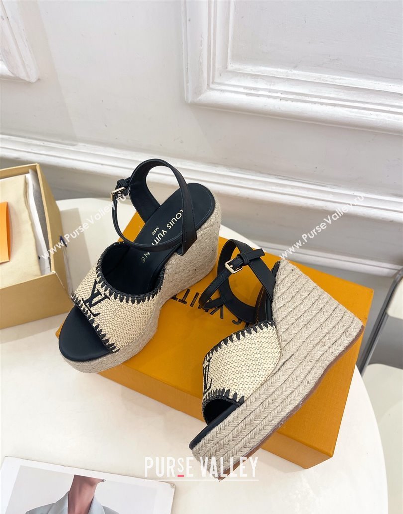 Louis Vuitton Starboard Wedge Platform Sandals 12cm in LV Raffia and Leather Black 2025 (MD-250609025)