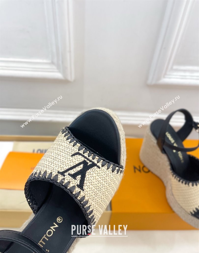 Louis Vuitton Starboard Wedge Platform Sandals 12cm in LV Raffia and Leather Black 2025 (MD-250609025)