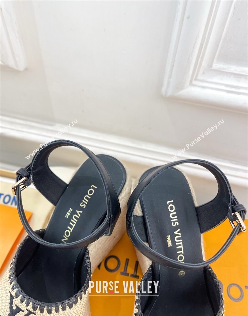 Louis Vuitton Starboard Wedge Platform Sandals 12cm in LV Raffia and Leather Black 2025 (MD-250609025)